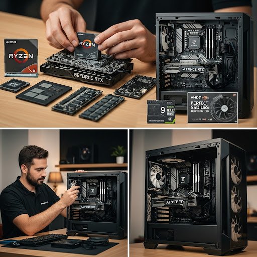 La imagen muestra el montaje de un ordenador personalizado. Se aprecian los componentes individuales y el proceso de ensamblaje por parte de un técnico.