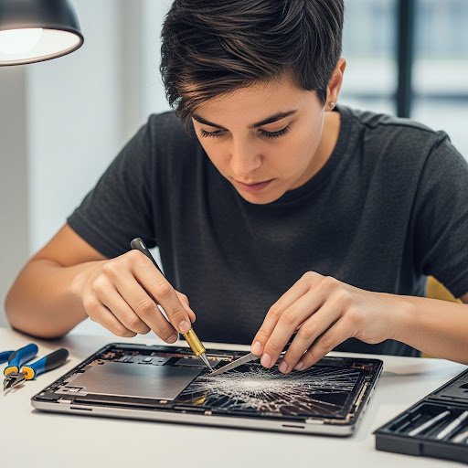 Reparación de Surface Pro X - Pantalla Rota Una persona reparando una Surface Pro X con la pantalla rota, utilizando herramientas de precisión para abrir el dispositivo.