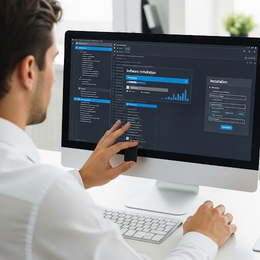 Instalación de software y gestión de sistema en PC La imagen muestra a un técnico especializado en la instalación de software en un ordenador. Se observa el proceso de instalación en pantalla, destacando la precisión y el cuidado profesional.